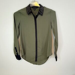 Rock &‎ Republic Blouse Women's Small Studded Collar Contrast Trim Western Green